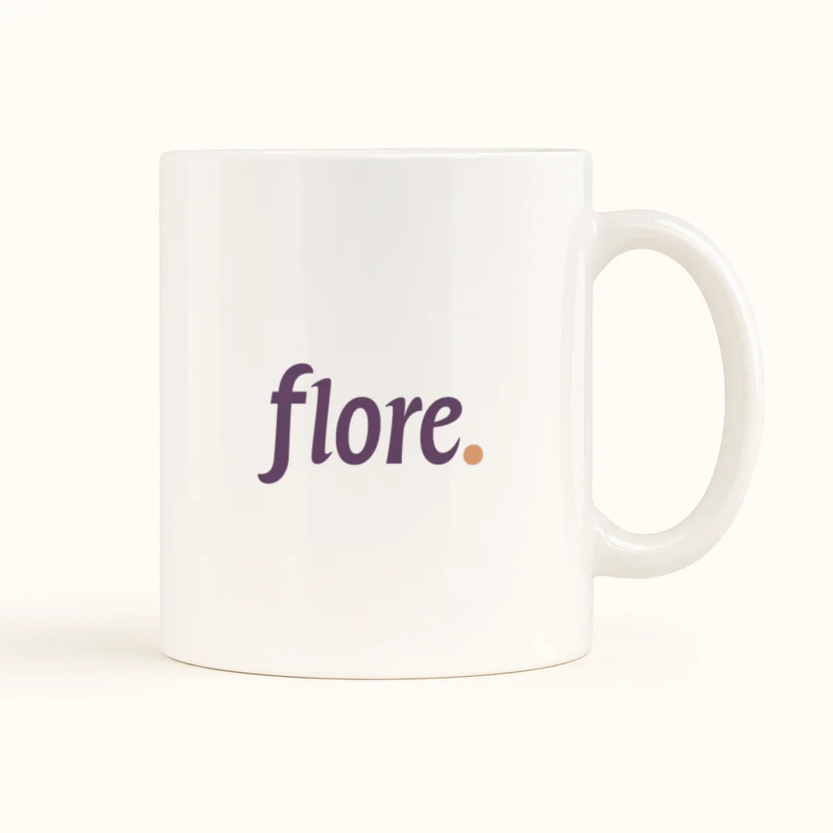 White 11 oz flore. mug with the plum flore. wordmark